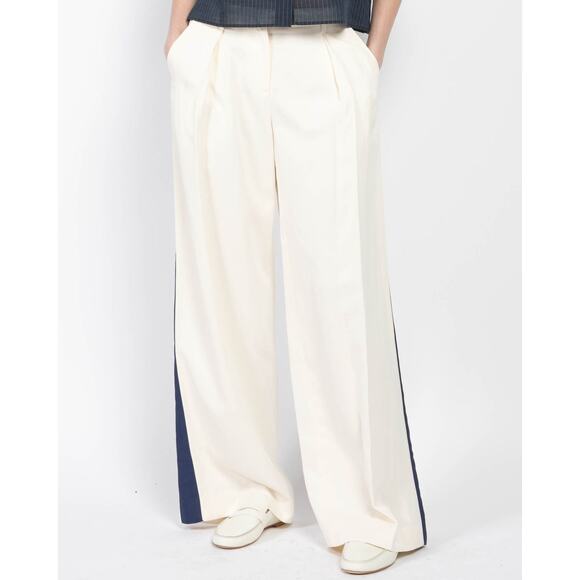 Elegant Cream Wide Leg Pants with Navy Stripe - Picture 3 of 4